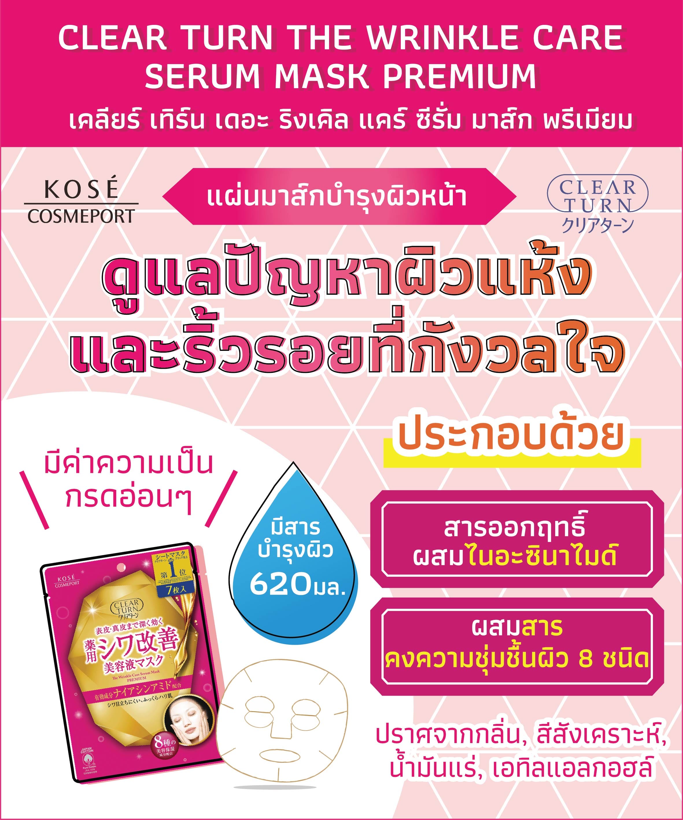 แผ่นมาส์กบำรุผิวหน้า CLEAR TURN  เดอะ ริงเคิล แคร์ ซีรั่ม มาส์ก พรีเมียม  7 แผ่น_2